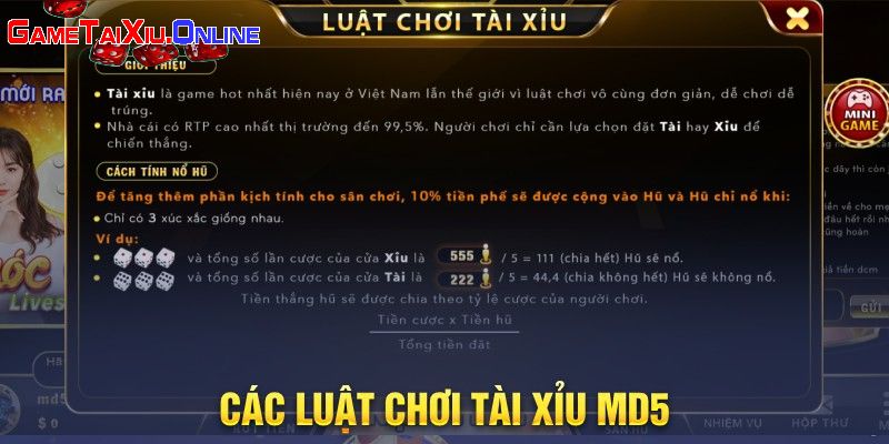 Các luật chơi tài xỉu md5